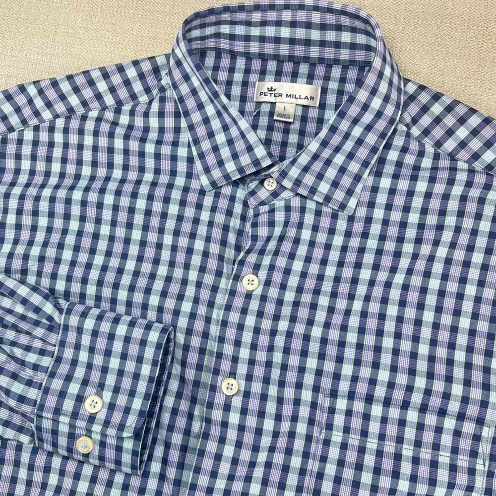 Peter Millar Button Down Shirt Men L Blue Gingham Performance Stretch MF18EW02SL
